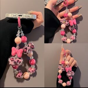 Pink Beaded PHONE WRISTLET~ KEYCHAIN•BAG CHARM with Leopard Print